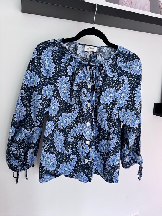 J. Crew Tops - J. Crew Collection Navy and Light Blue Paisley Tie-Neck Blouse